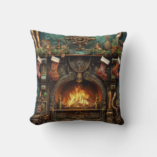 Christmas Steampunk Fireplace Throw Pillow