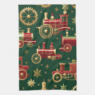 christmas steampunk locomotive kitchen towel