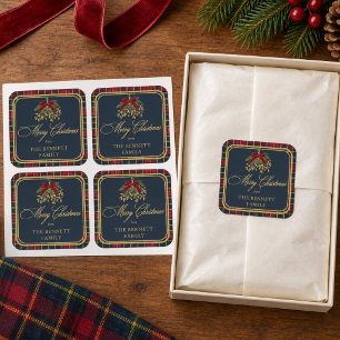 Christmas Sticker Navy Tartan Monogram Red Bow