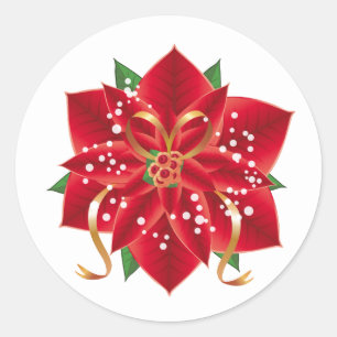 Christmas Stickers-Red Poinsettia Classic Round Sticker