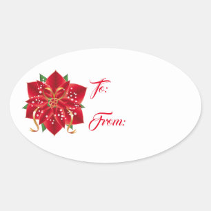 Christmas Stickers-Red Poinsettia Oval Sticker