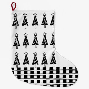 Christmas Stocking, Black & White Trees Chequered  Large Christmas Stocking