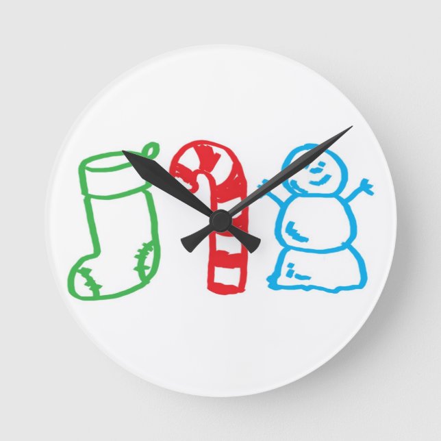 Christmas Stocking Candy Cane and Snowman Round Clock (Front)