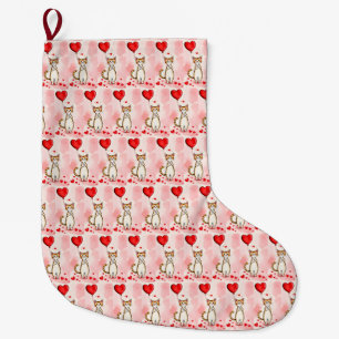 Christmas Stocking, Cat Red Hearts Love Large Christmas Stocking