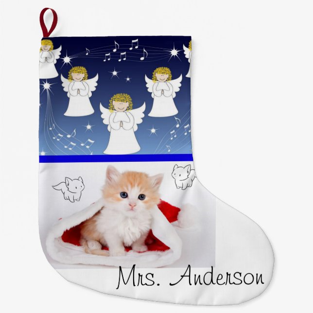 Christmas Stocking, Christmas Angel Kitten Large Christmas Stocking (Front)