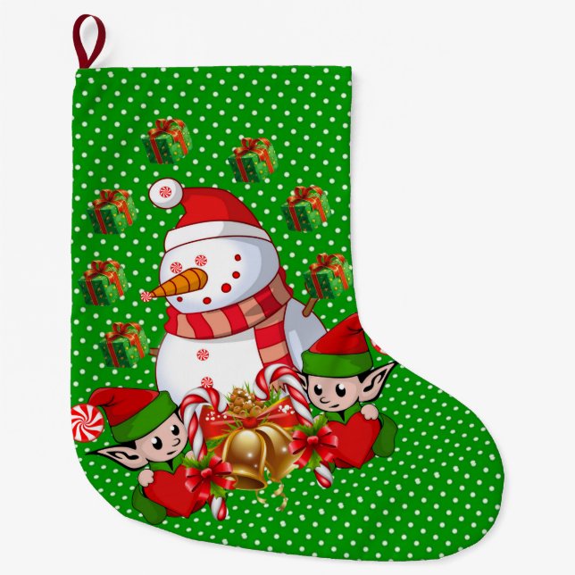 Christmas Stocking, Christmas Elf Snowman Large Christmas Stocking (Front)