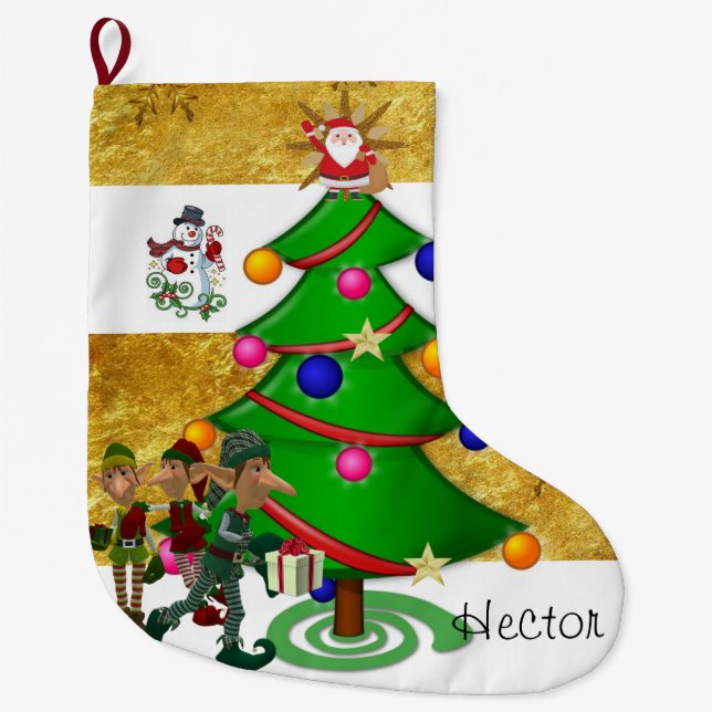 Christmas Stocking, Christmas Elf Snowman Large Christmas Stocking (Front)