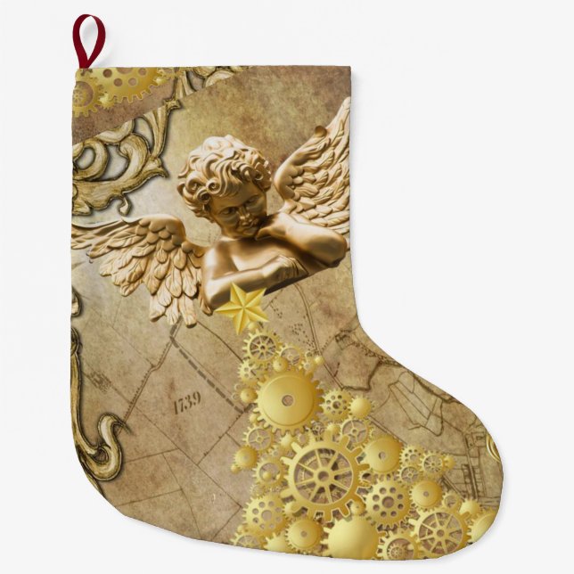 Christmas Stocking, Christmas Gold Angel Large Christmas Stocking (Front)