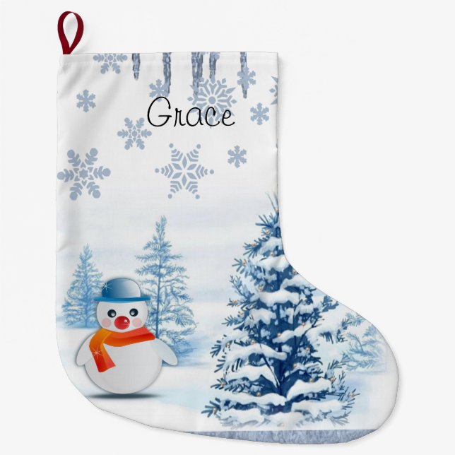 Christmas Stocking, Christmas Snowman Large Christmas Stocking (Front)