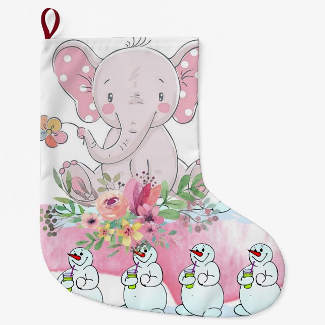 Christmas Stocking, Floral Elephant Pink Snowman  Large Christmas Stocking (Front)