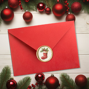 Christmas Stocking Holly Faux Wax Classic Round Sticker