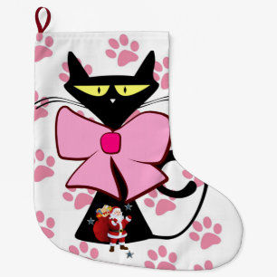 Christmas Stocking, Santa Meow Pink Black Cat Paws Large Christmas Stocking