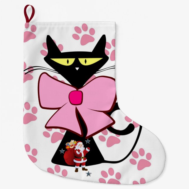 Christmas Stocking, Santa Meow Pink Black Cat Paws Large Christmas Stocking (Front)