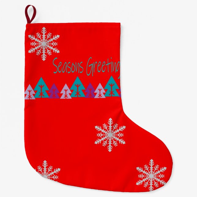 Christmas Stocking, Seasons' Greetings Red Flakes Large Christmas Stocking (Front)