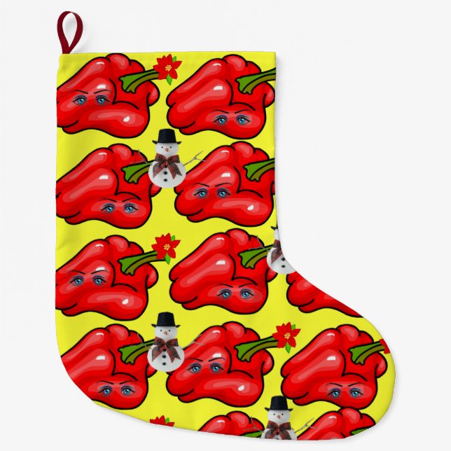 Christmas Stocking, Snowman Red Pepper Yellow Large Christmas Stocking (Front)