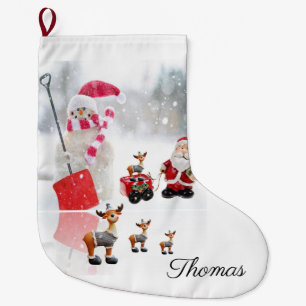 Christmas Stocking, Snowman Vintage Santa  Large Christmas Stocking