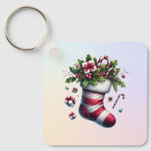 Christmas Stocking with Gifts and Candy Canes Keychain