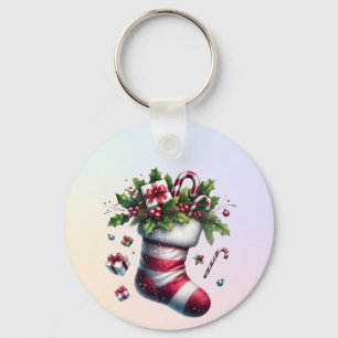 Christmas Stocking with Gifts and Candy Canes Keychain