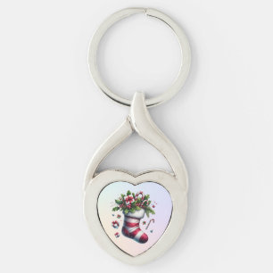 Christmas Stocking with Gifts and Candy Canes Keychain