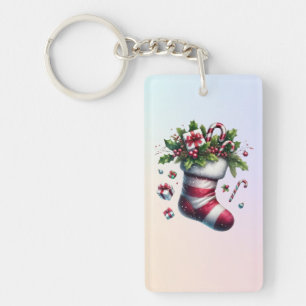 Christmas Stocking with Gifts and Candy Canes Keychain