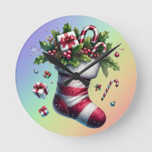 Christmas Stocking with Gifts and Candy Canes Round Clock