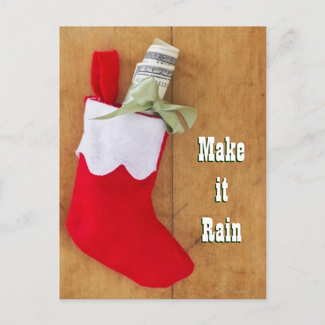 Christmas stocking with roll of money holiday postcard (Front)