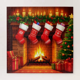 Christmas Stockings Hanging Above Warm Fireplace Jigsaw Puzzle