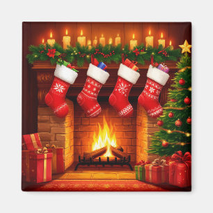 Christmas Stockings Hanging Above Warm Fireplace Magnet