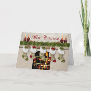 Christmas - Stockings Hanging on Fireplace Mantel Holiday Card