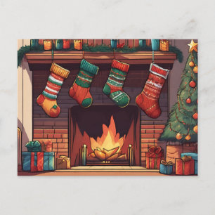 Christmas Stockings Hanging Over Fireplace Holiday Postcard