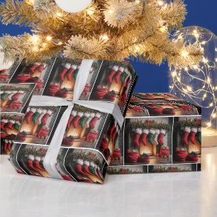 Christmas Stockings Hung On A Fireplace Wrapping Paper