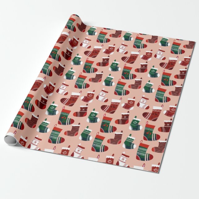 Christmas Stockings Pink Wrapping Paper (Unrolled)