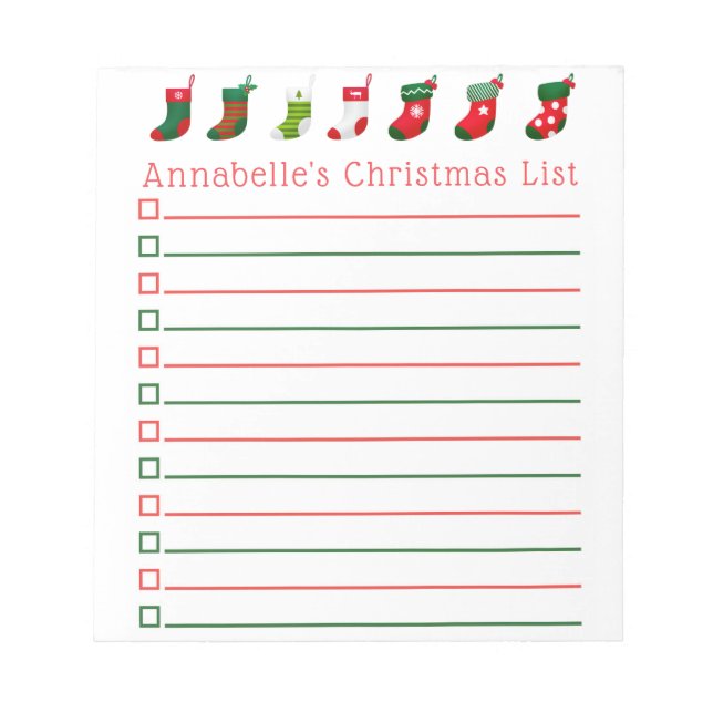 Christmas Stockings Shopping List Personalize Notepad (Front)