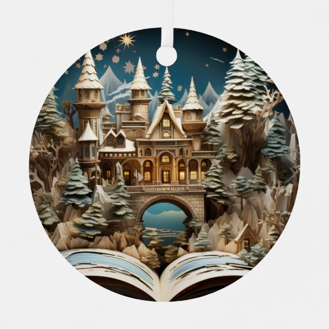Christmas Storybook Castle Pop-Up Wonderland Metal Ornament (Front)