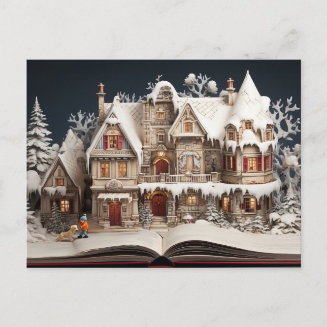 Christmas Storybook Manor With Child & Dog Holiday Postcard (Front)