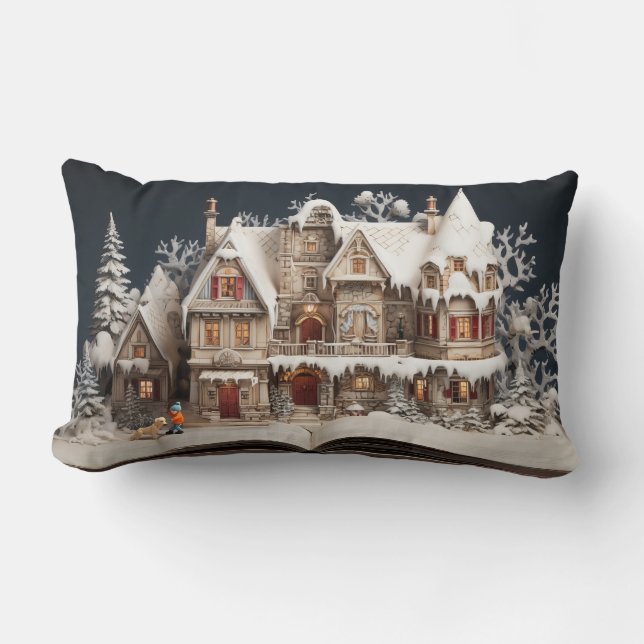 Christmas Storybook Manor With Child & Dog Lumbar Pillow (Front)
