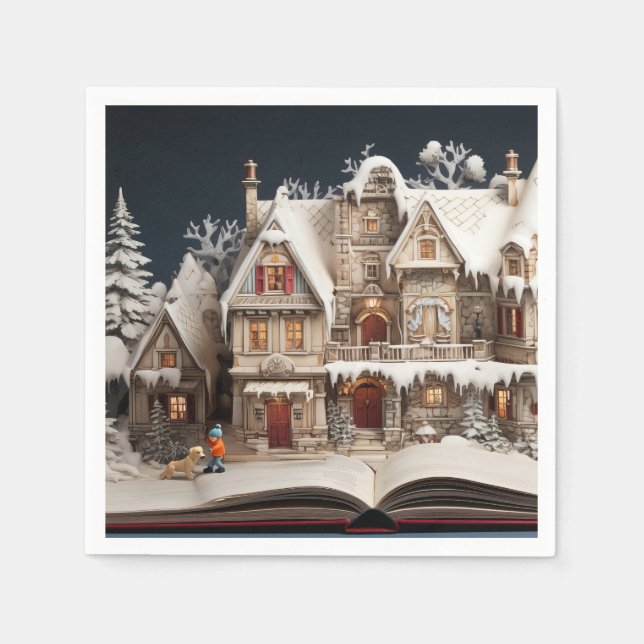 Christmas Storybook Manor With Child & Dog Napkin (Front)