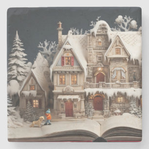 Christmas Storybook Manor With Child & Dog Stone Coaster