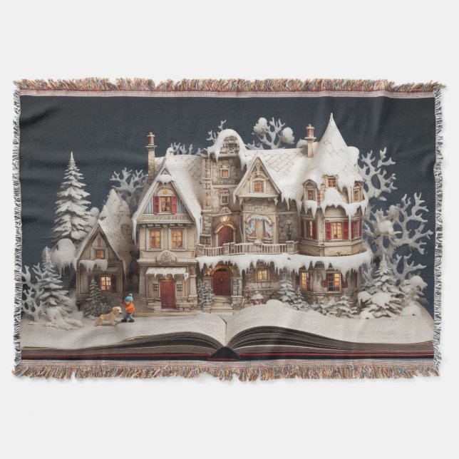 Christmas Storybook Manor With Child & Dog Throw Blanket (Front)
