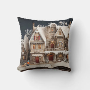 Christmas Storybook Manor With Child & Dog Throw Pillow