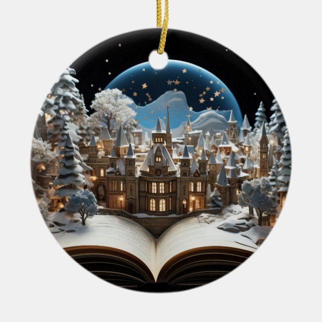 Christmas Storybook Snow-Globe Village Ceramic Ornament (Front)