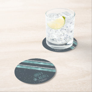 Christmas Stripe Pattern Teal/White ID862 Round Paper Coaster