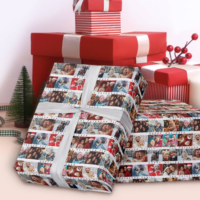 Christmas Stripe Photo Name Collage Holiday Wrapping Paper (Creator Uploaded)