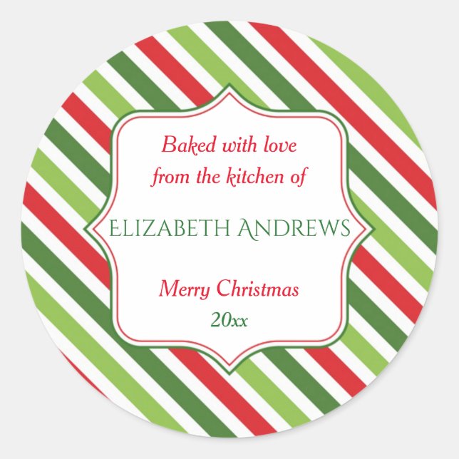 Christmas Stripes, Baked with Love, Custom Classic Round Sticker (Front)