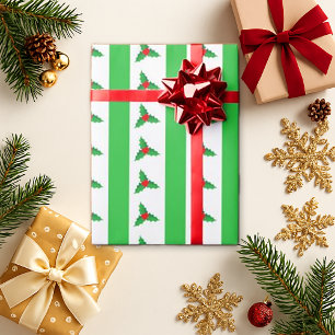 Christmas Stripes Holly Berry  Wrapping Paper