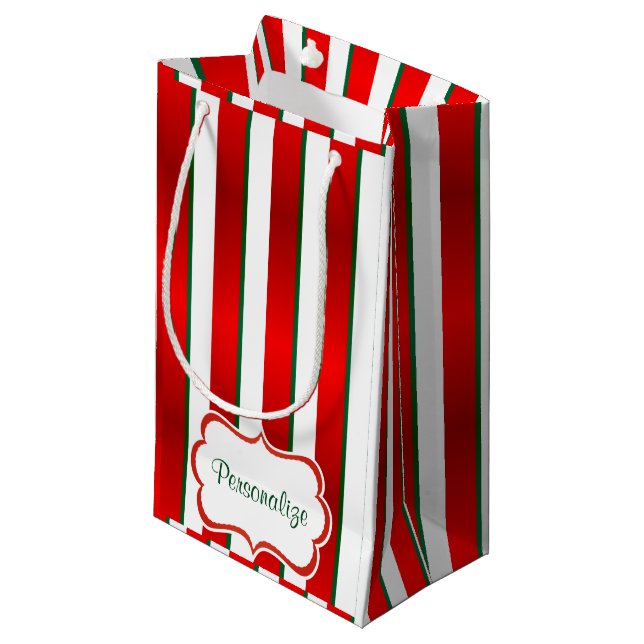 Christmas Stripes in White, Green and Red Small Gift Bag (Front Angled)
