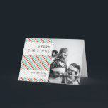 Christmas Stripes | Modern Colourful Cheerful Phot Holiday Card<br><div class="desc">Beautiful photograph holiday card with a simple, modern, minimalist “Merry Christmas” quote banner on a semi-transparent overlay over a stylish, cute diagonal christmas candy stripe background in striking shades of red, green, blue and pink in a modern, 'scandi 'scandinavian design style. This versatile card can be personalized with your own...</div>