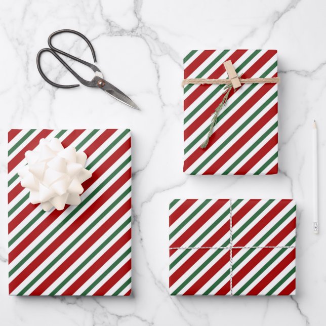 Christmas Stripes Red Green White Wrapping Paper Sheet (Front)