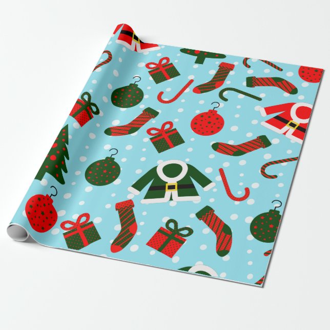 Christmas stuffs in Red and Green and snow backgro Wrapping Paper (Unrolled)