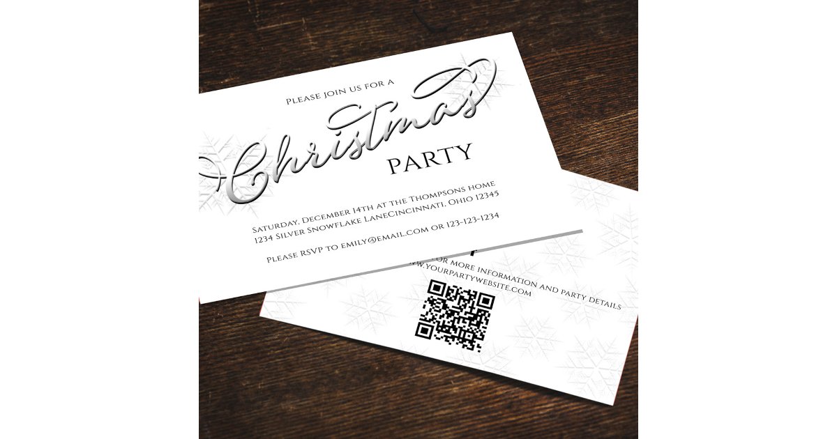 Christmas Stylish Silver Snowflake Script QR Code Invitation | Zazzle